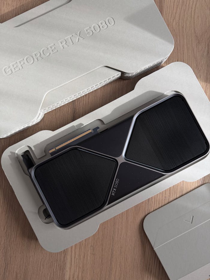 our-story Top view of a GeForce RTX 3080 graphics card in premium packaging.