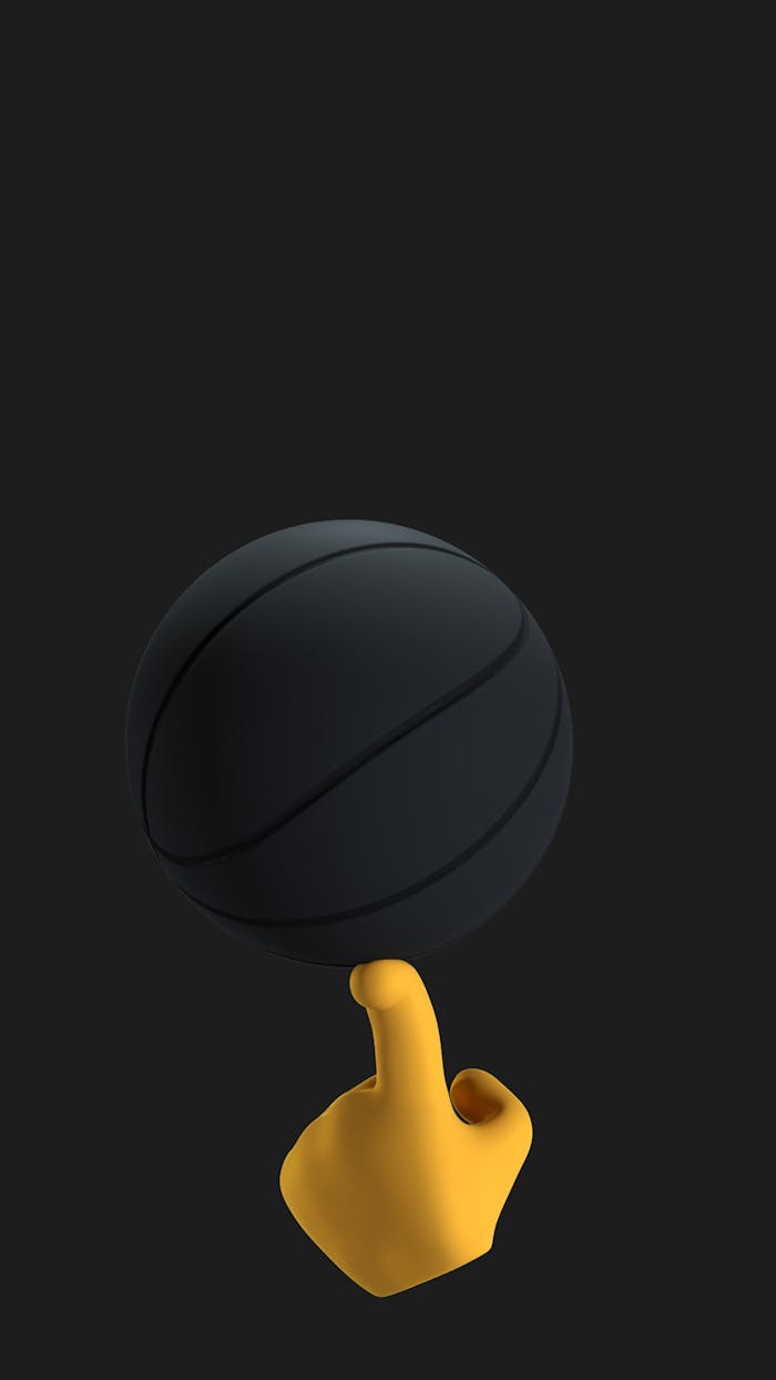 who-we-are 3D illustration of a yellow cartoon hand balancing a black ball on a finger against a dark background.
